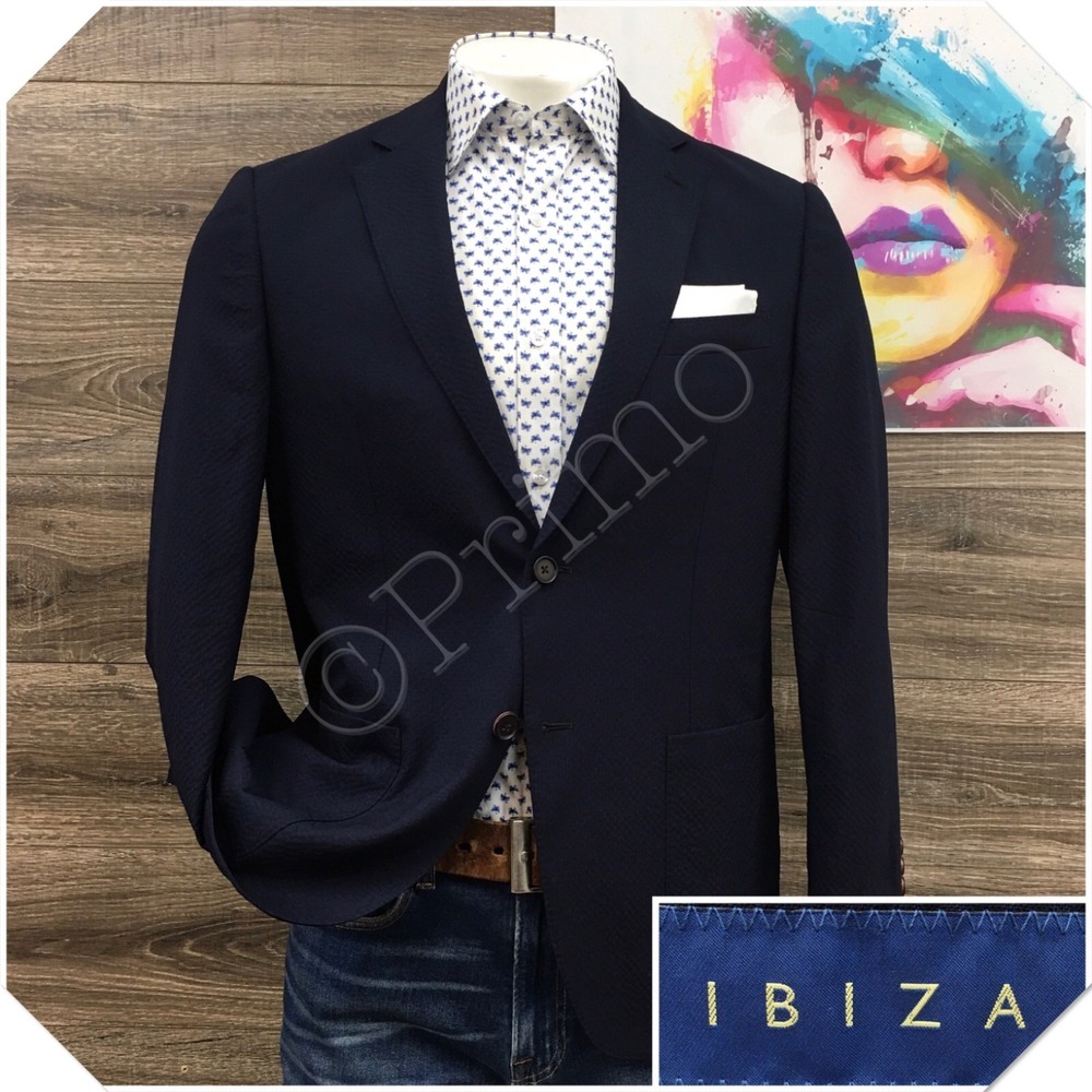 IBIZA Mens Seersucker Wool Blazer Sport‎ Coat Casual Jacket Size 40R Navy Suit
